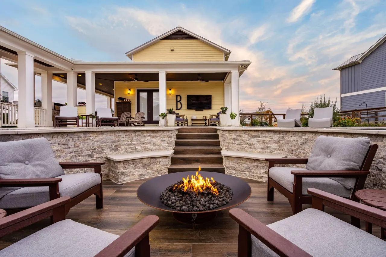 Farmhouse Lagoon — Freeform pool with sunken lounge in Travis County, TX by GB IV Designs (photo 12)